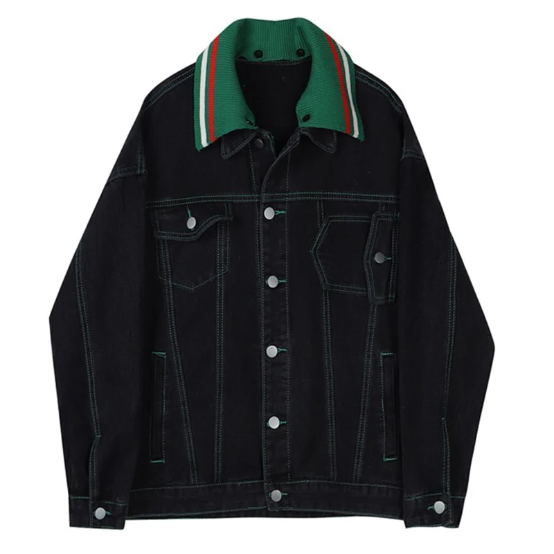 

2019 Contrast Color Turn Down Collar Jacket Oversized Loose Long Sleeve Women DenimJacket