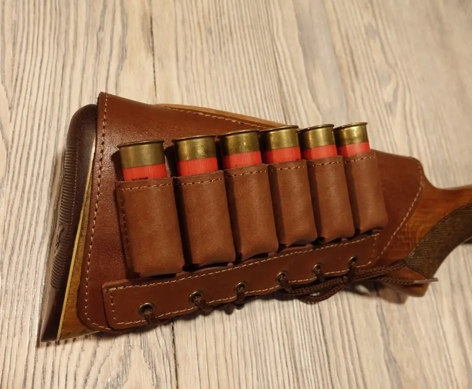 Leather Rifle Ammo Pouch Holder Shotgun Shell Cover 12 20 Ga Case Buttstock Belt 