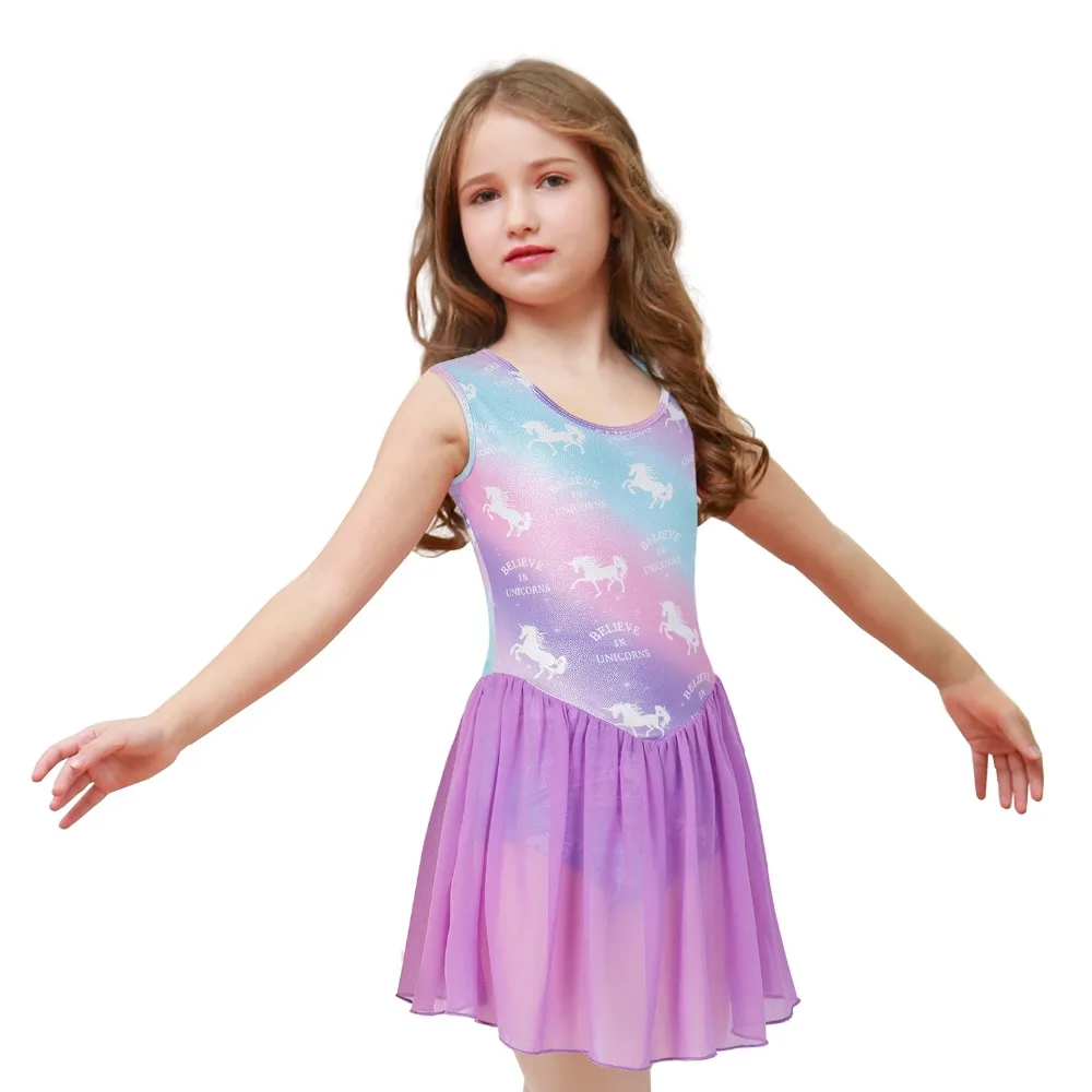 Фиолетовые трико с рисунком единорога, Звездные балетные костюмы, детский балетный комбинезон-боди, танцевальная одежда без рукавов для девочек, детская одежда