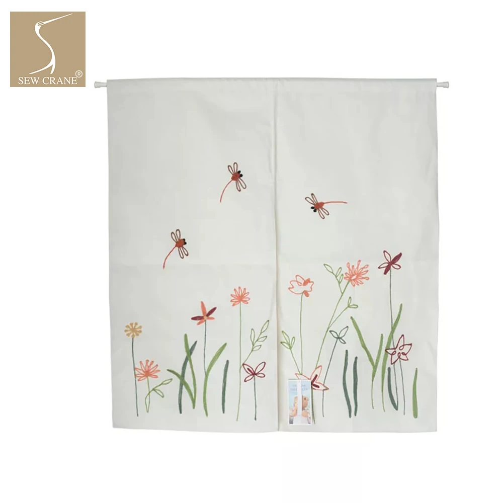 

Floral Embroidered Design Dragonfly Abstract Vine Flowers Cute House Linen Noren Curtain Room Dividers Doorway Window Tapestries