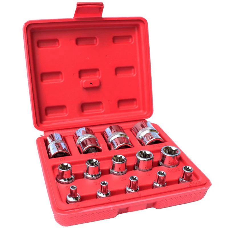 

14Pcs 1/4 3/8 1/2" E4-E24 Torx Socket Wrench Set CR-V E-type Hexagonal Spanner Allen Head Auto Repair Tools Metal Hand Tool Kit