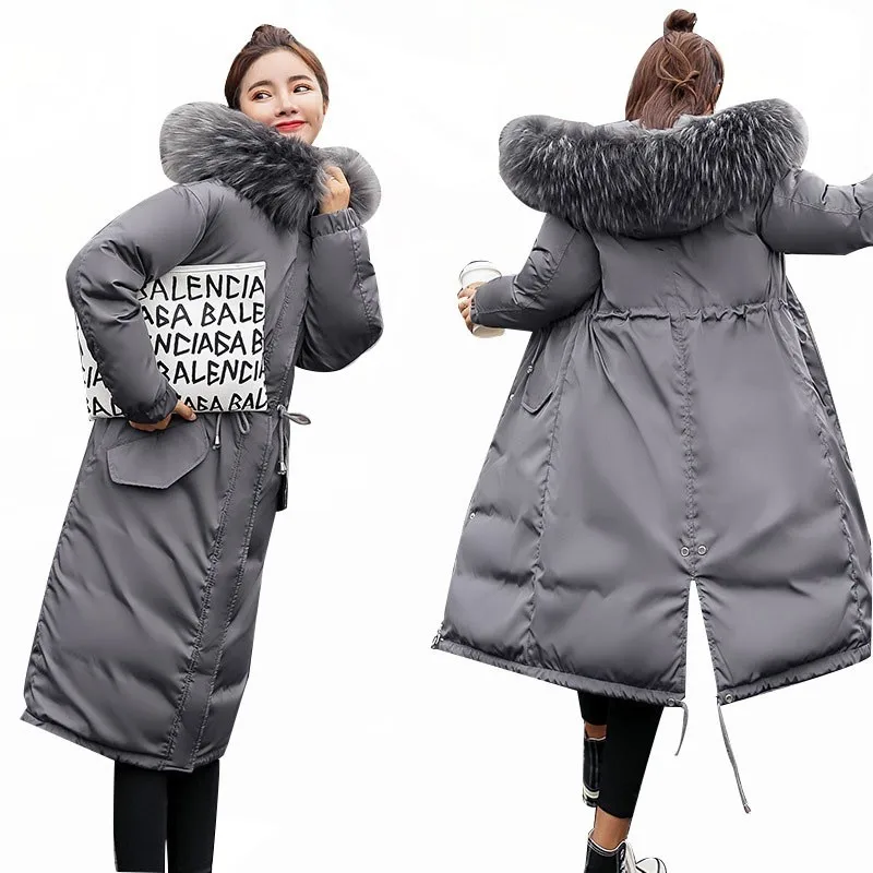 

2019 Large Fur Down Jacket Winter Women New Fashion Loose Hooded Down Cotton Padded Jacket Coat Female Thick Long Parkas Outwear