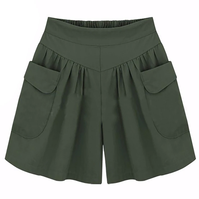 

Summer Plus Size 3XL Women's Shorts Pleated High Waist With Pocket Wide Leg Thin Short Pants Khaki Army Green