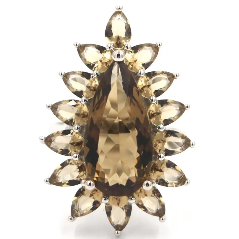 

US size 7.0# Fantastic 20x10mm Smokey Topaz White CZ Ladies Party 925 Silver Ring 34x23mm