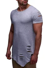 PADEGAO mens cotton t-shirts casual streetwear Irregular Hem Short Sleeve T-shirt vintage hole design O neck tops hippie t-shirt blue splited design round neck irregular hem t shirt