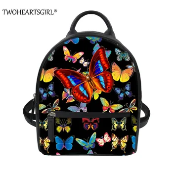 

TWOHEARTSGIRL 3D Butterfly Print Women PU Backpack Casual Black Shoulder Bagpack Pretty Student Girls Mini Travel Rucksack