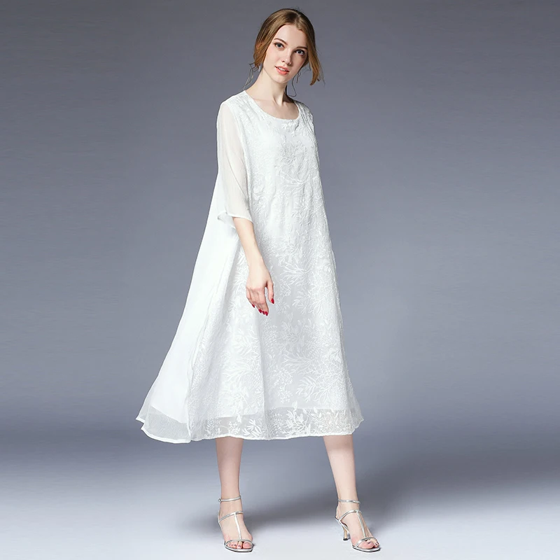 

New2018Summer Fashion Ladies silk embroidery long Dress comfortable loose fit elegant dress plus size casual vestidos XL-XXXXL