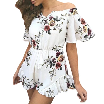 

Fashion New Chiffon Lady Summer Floral Print Tassel Tie V-Neck Off Shoulder Playsuit Romper For Women