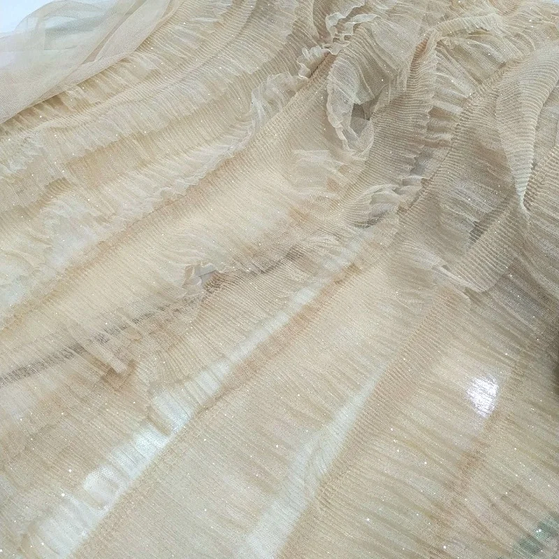 

Beautiful beige ruche lace mesh fabric, continuous cut per one meter, width 150cm, garment sewing of evening dresses MA