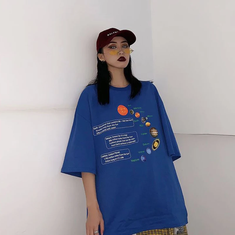 Новинка года: свободная футболка Ulzzang Harajuku в Корейском стиле с изображением Галактики, планет и букв