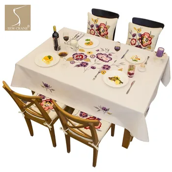 

SewCrane Purple Flowers Branch Leaves Floral Embroidered Decorative Tablecloth