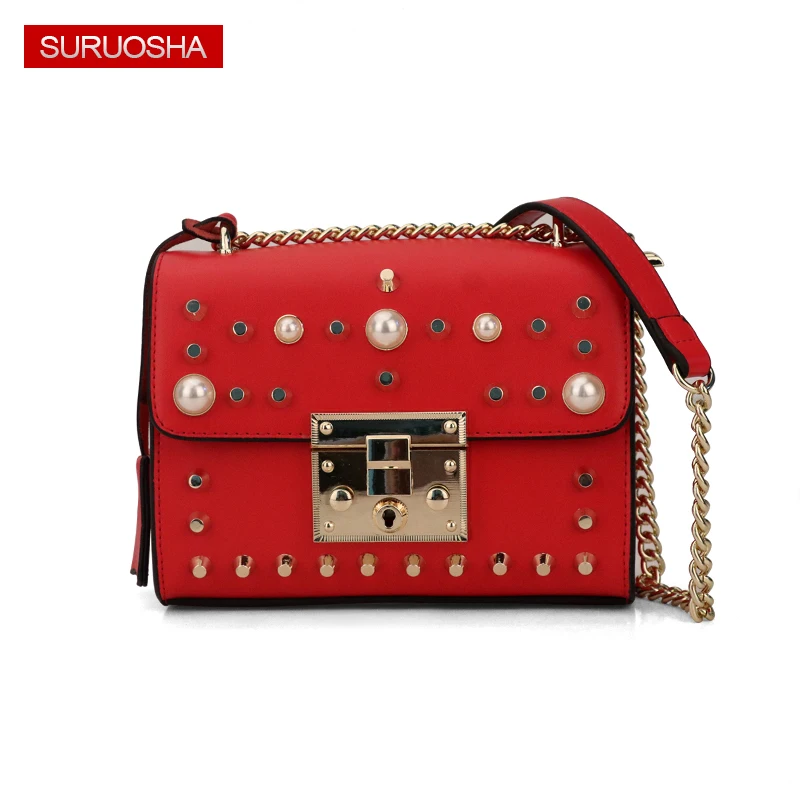 

100% Genuine Leather Bag Red Spring Small Pearl Shoulder Bags High Quality Assurance Fashion Rivet Handbag Gold Chain Bag
