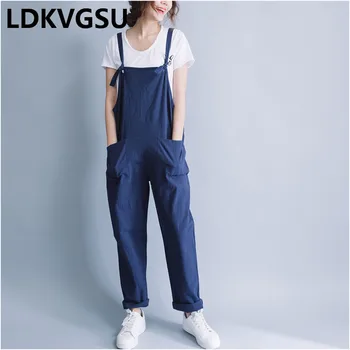 

2018 Spring Summer Women Pants Bodysuits Casual Cotton Linen Blue Long Trousers Camisole Jumpsuit Female Loose Plus Size Is328