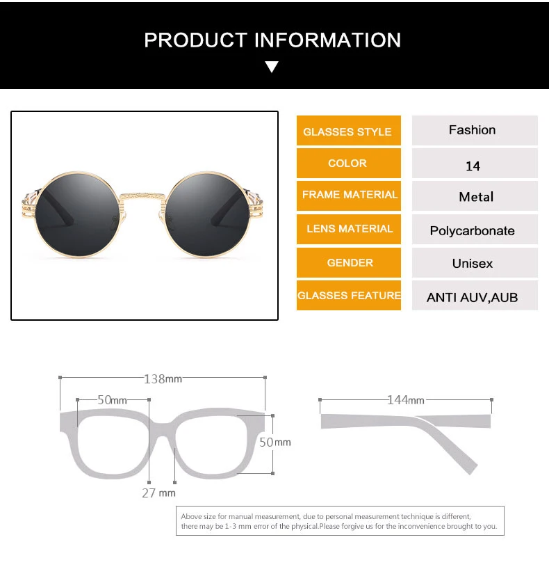 Классический круглые солнцезащитные очки в стиле стимпанк Для мужчин Для женщин модная металлическая очки дизайн бренда Винтаж