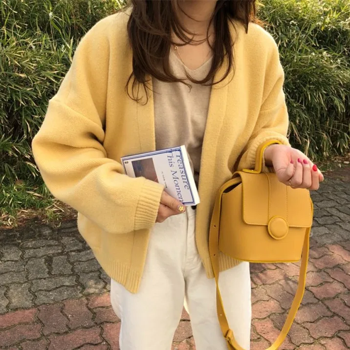 

Women Autumn Spring Sweater Coat 2019 Yellow Knitted Cardigans Casual Loose Oversized Plus Elegant Basic Casual Cardigan