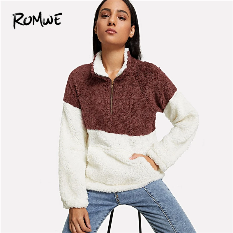 ROMWE Colorblock Drop Shoulder Stand Collar Sweatshirt Женская Повседневная осенняя одежда женская разноцветная Толстовка с длинным рукавом