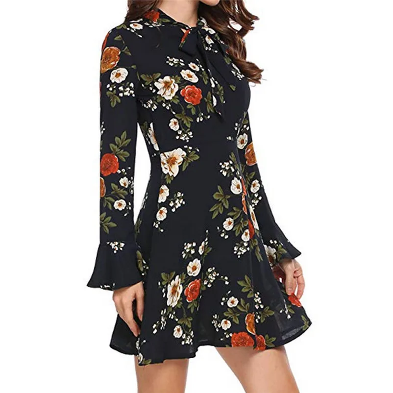 Fashion Autumn summer dress 2018 casual Flare elegant dress Long Sleeve O-Neck Floral Printed Mini party Dress vestido A27#N (1)