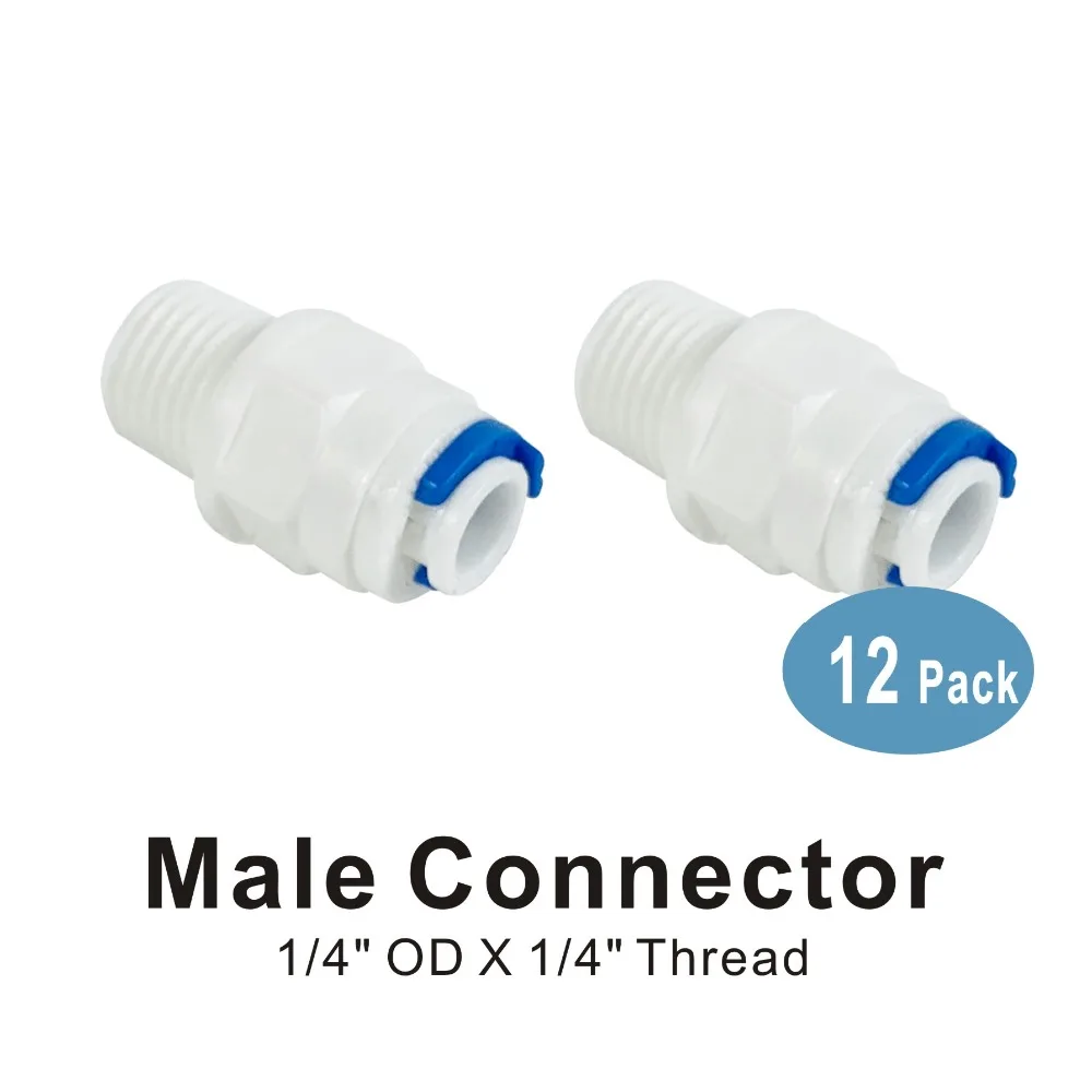 

Male Connector 1/4" Thread to 1/4" Quick Connect Fitting Parts for Water Filters and Reverse Osmosis RO Systems - 12 Pack