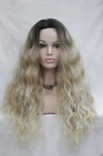 

hot quality good synthetic black root to blonde ombre Lace Front wig long Wavy+CAP>>>girls Cosplay wig Free shipping