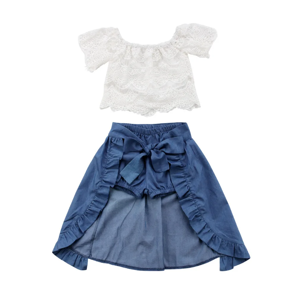 

2018 Brand New 3PCS Princess Toddler Girl Sets Off Shoulder Lace Floral White T-Shirts Tops Blue Denim Shorts Skirt Sets 1-6T