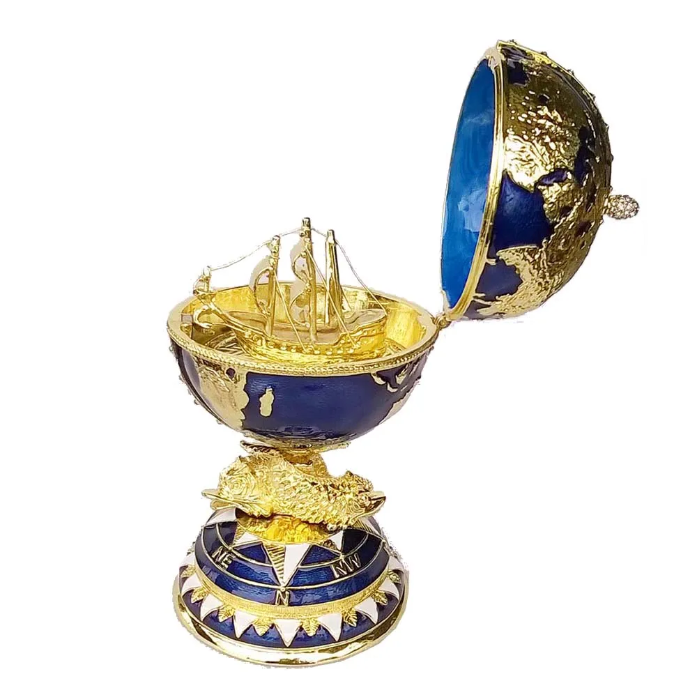 Globe Inspired Egg Trinket Box, Russian Craft Metal Jewelry Container Ring Holder Bejeweled Birthday Gifts, Collectibles