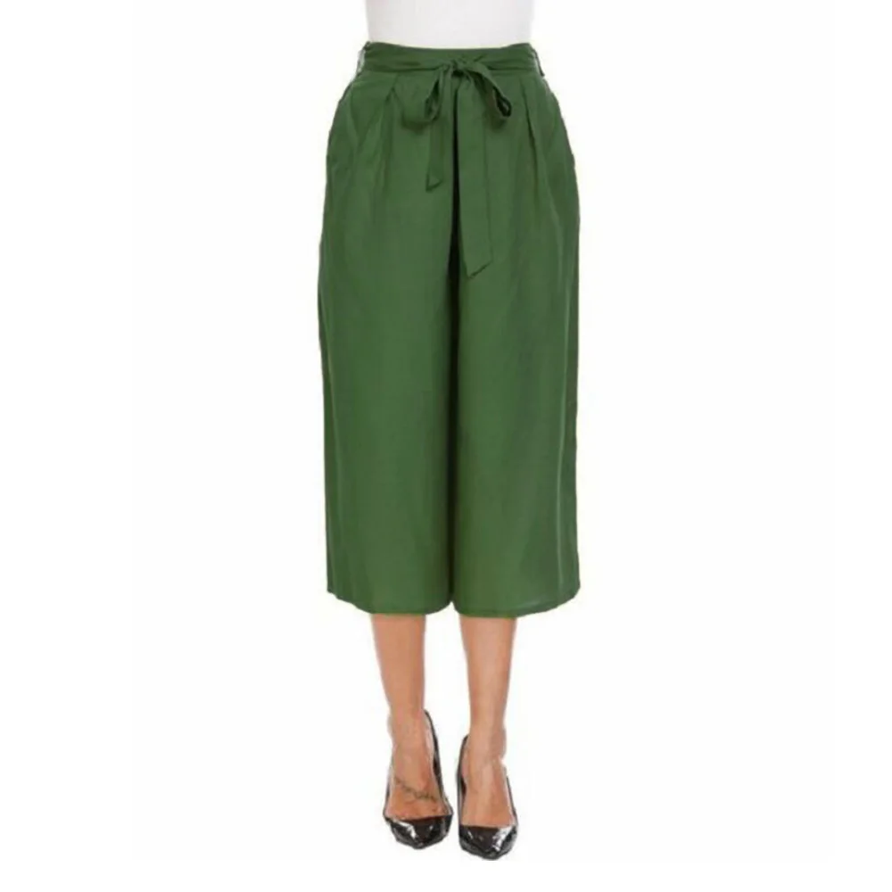 НОВЫЕ шикарные модные женские офисные женские повседневные свободные брюки длиной до икры широкие брюки с поясом - Цвет: Зеленый