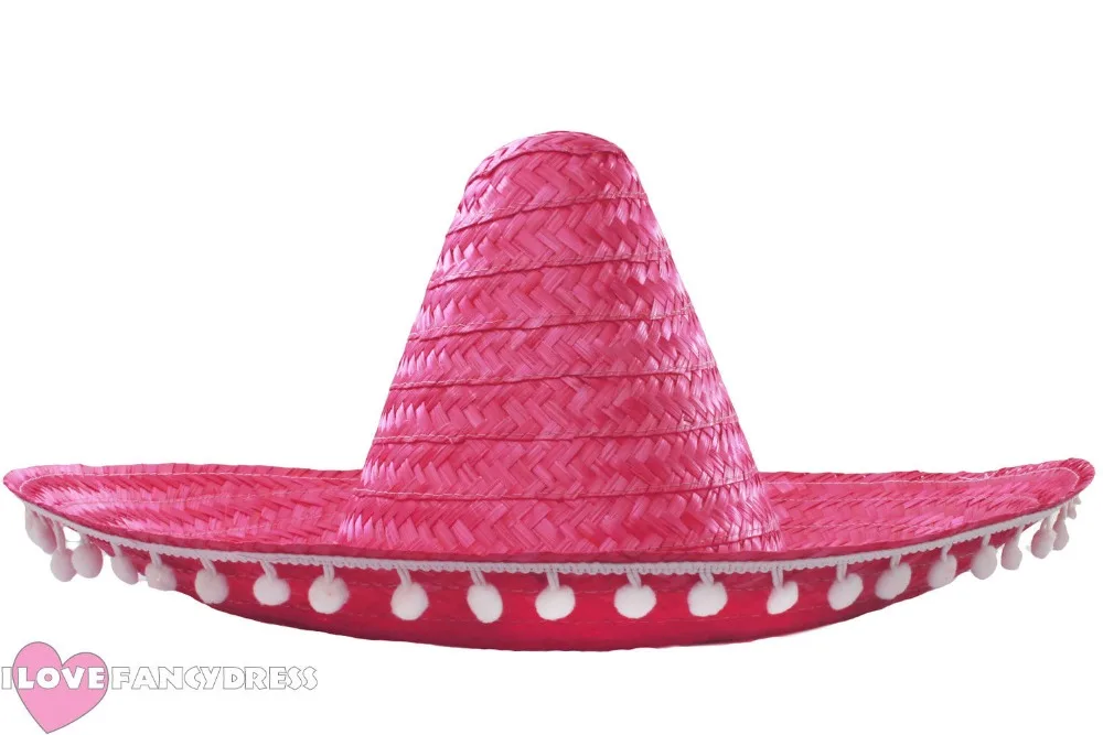 MEXICAN SOMBRERO STRAW HAT POMPOM ADULT 