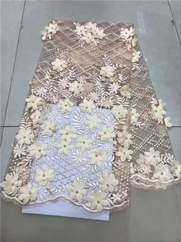 

High Quality African Lace Fabrics Peach Color Nice French Net Embroidery beads Tulle Lace Fabric For Nigerian Party Dress yellow