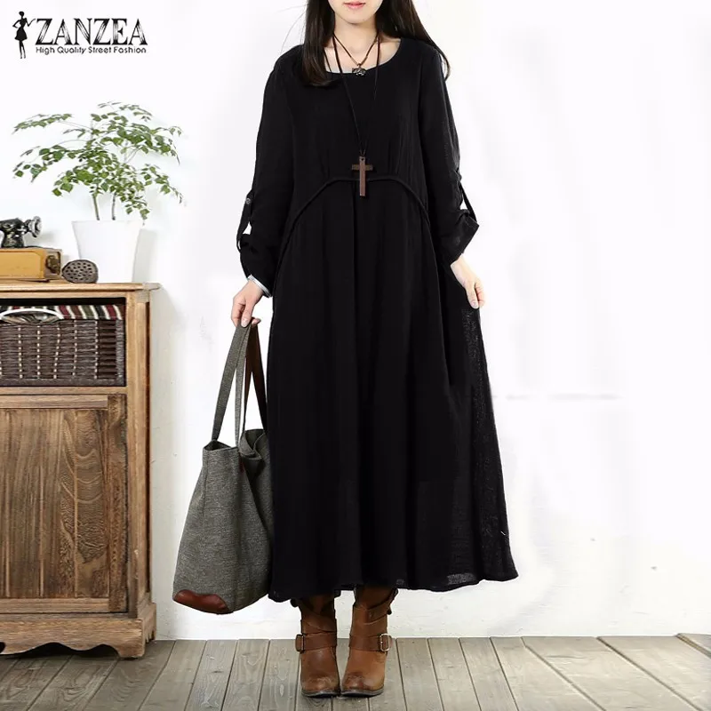 ZANZEA Women Dress 2018 Autumn Vintage Retro Maxi Long Dress Casual Loose O Neck Long Sleeve Oversized Plus Size Vestidos