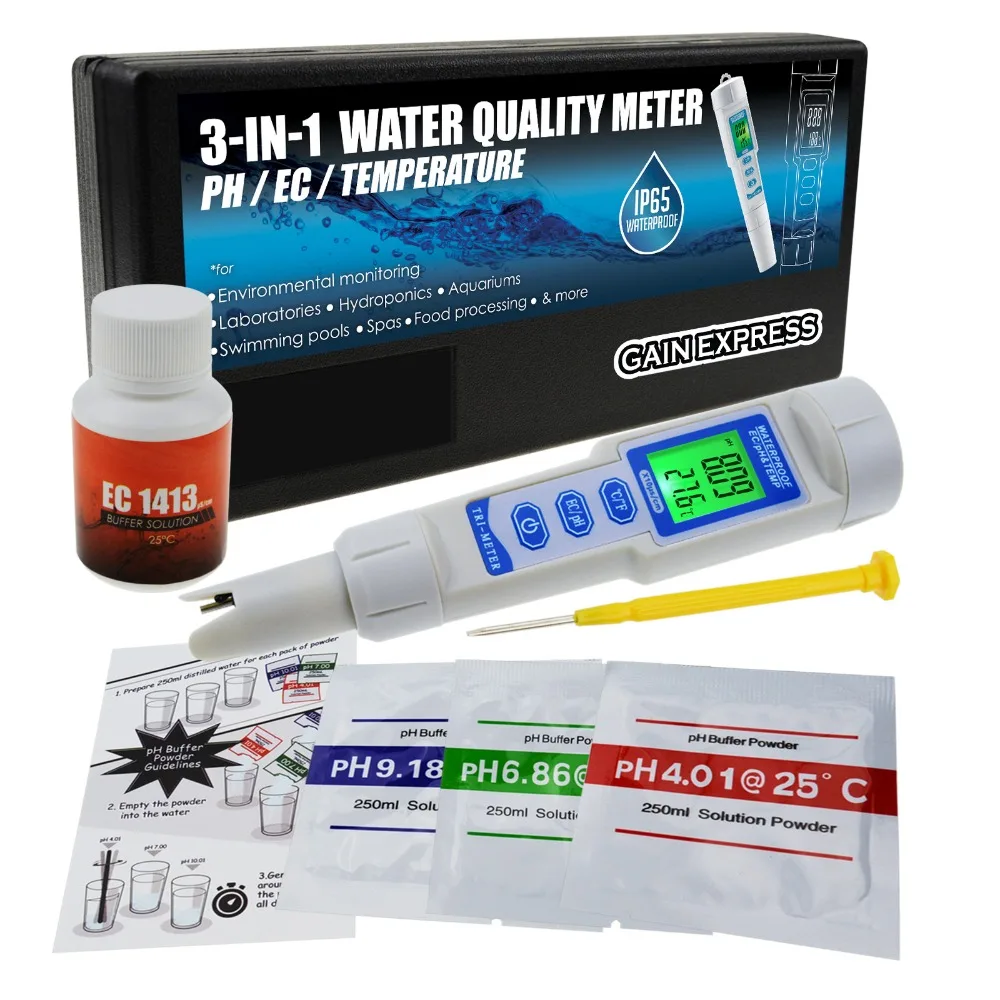 3 in 1 pH/EC Temp Meter ATC Wasserdicht mit Wasser-Schwarz Wasser Qualität Multi-Parameter Tester Monitor Analyzer Test Kit für Hydroponik Aquarium Pools Trinkwasser Labor 