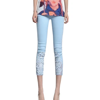 

Fashion Lady Crochet Floral Lace Rhinestone Slim Stretch Cropped Trousers Pants