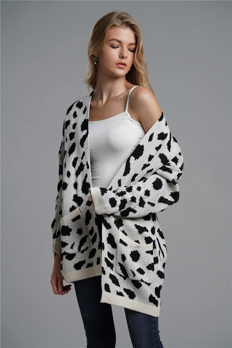 Женский Длинный свободный леопардовый кардиган модный свитер черный белый леопардовый Рождественский зимний высокое качество свитера Прямая
