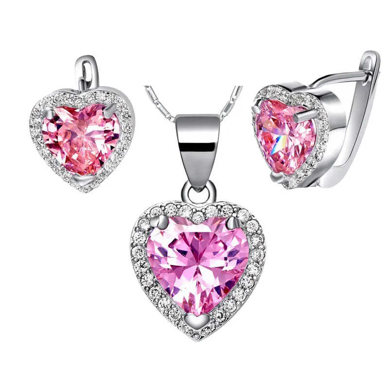 Uloveido Bridal Jewelry Sets for Women Heart Pink Wedding Earrings