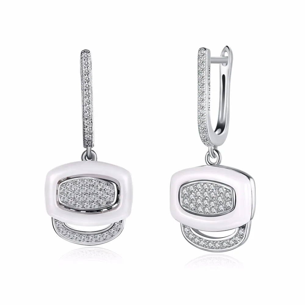 

White Color Ceramic Square Shape With Zircon Women Party Jewelry 925 Sterling Silver Earring