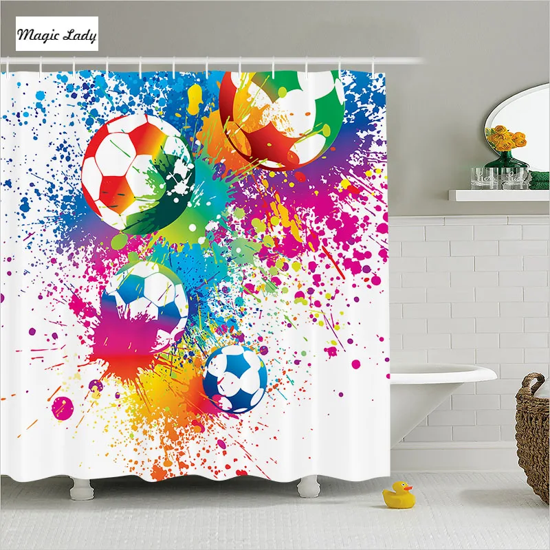 Shower Curtain Fabric Painting Splashes Soccer Balls Athletic Football