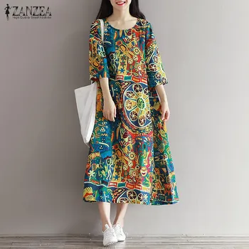 

S-5XL 2018 ZANZEA Women Floral Print 3/4 Sleeve Pockets Summer Loose Casual Party Midi Dress Cotton Vestido Plus Size