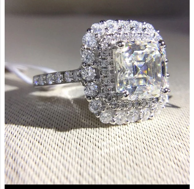 Customized platinum PT950 2CT Center 7.5*7.5MM F color Cushion cut 73 Facets moissanite Accents double halo ring. | Украшения и