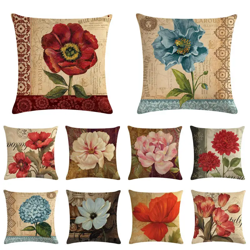 

red Cushion Covers Flower Cushion Cover Decorative Beige Linen Pillow Case