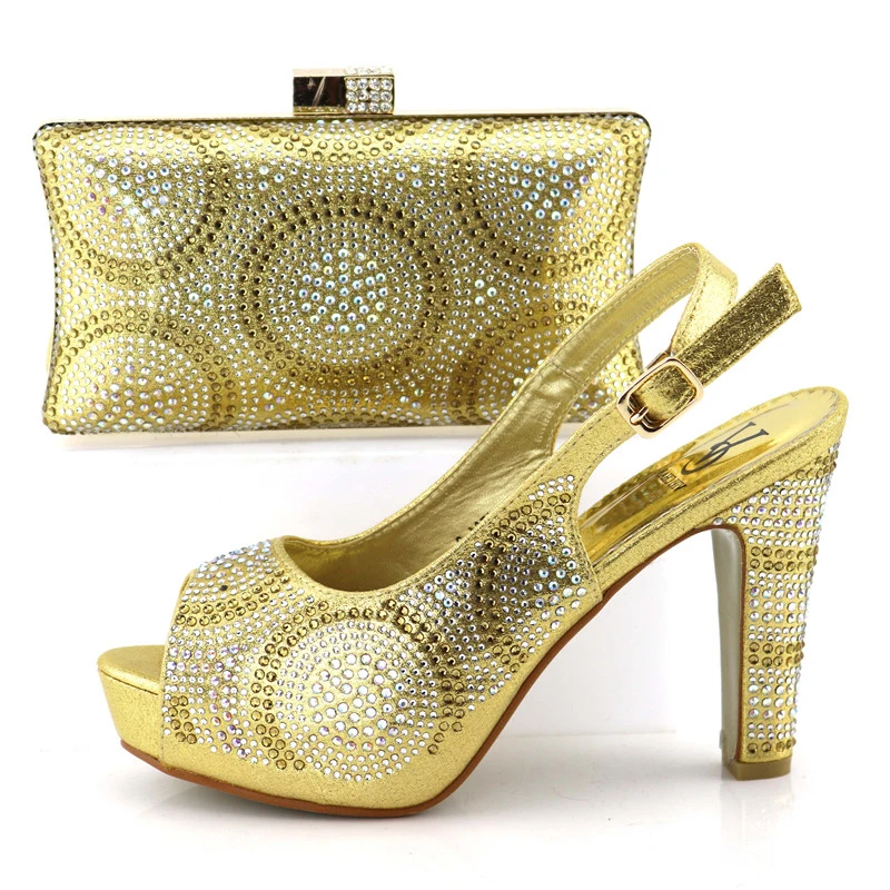 

Shinning new arrival fashion italian gold shoes and bag to match women 2018 wedding party shoe and bag set aso ebi SB8239-2