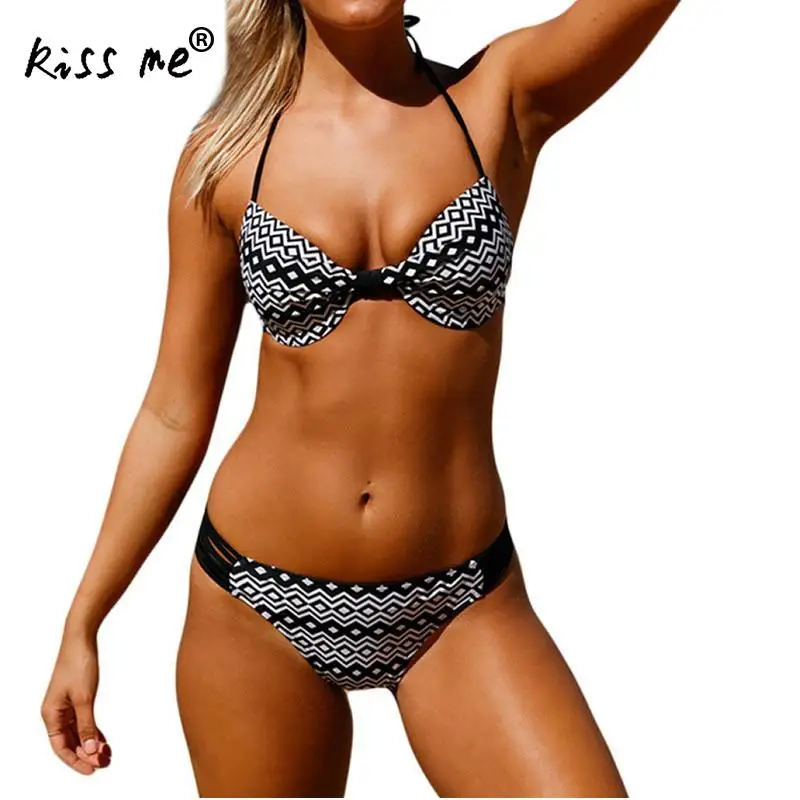 

Bikinis Women 2017 Print Geometric Swimsuits Brazilian Push Up Halter Bikini Set Bandage Black Bathing Suits Swimwear Female XXL