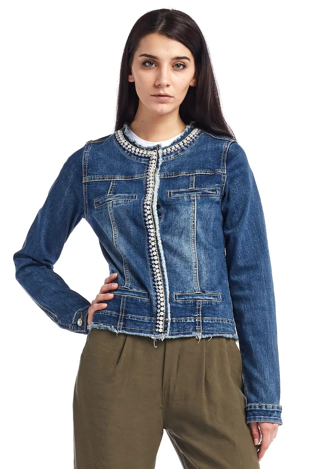 Pjd1116 Bleu Veste Avec 2019 Chesr Perles À Pop Longues O Femme Automne Denim cou Courte Printemps Manches Mince Chicamp; eI9WEHYbD2