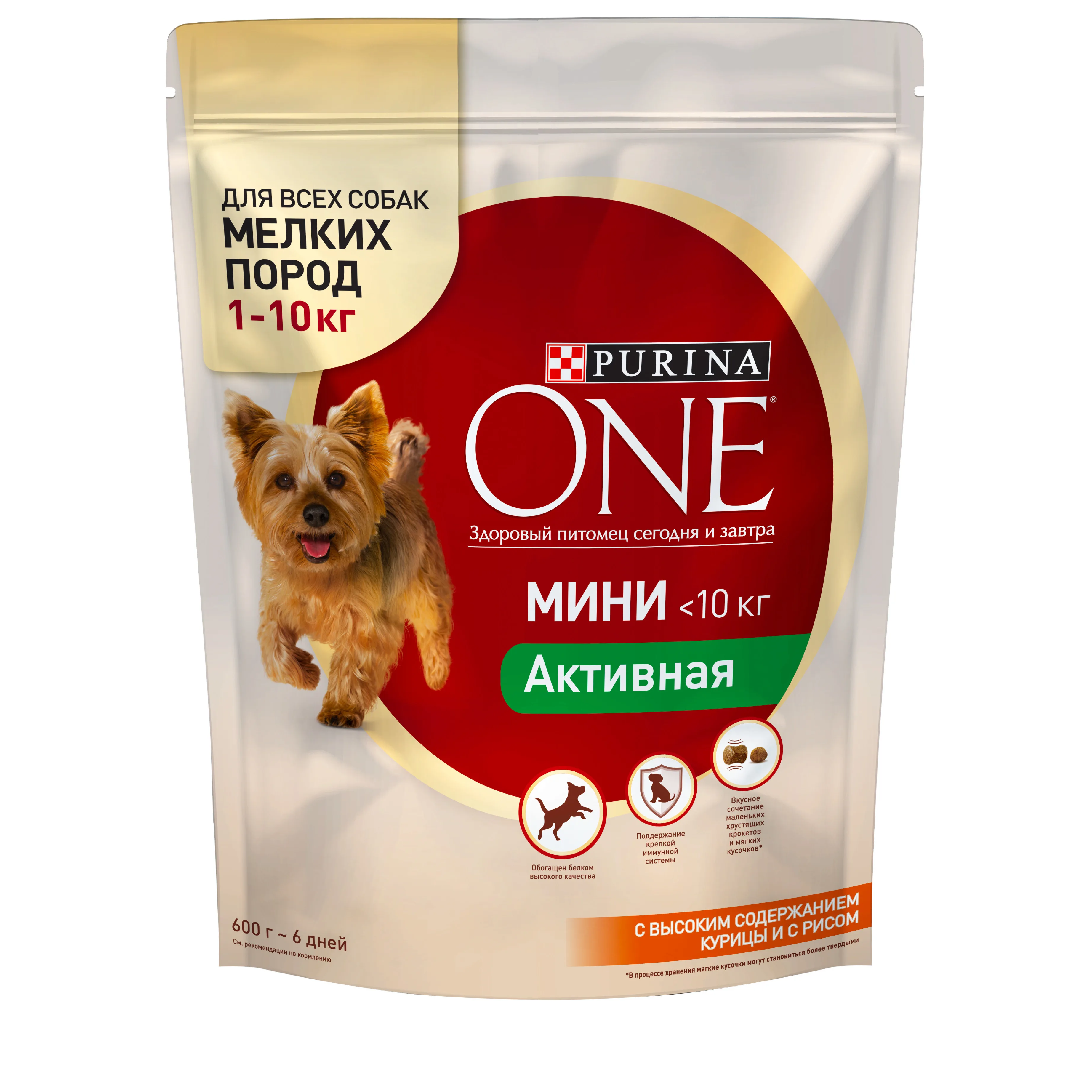 Сухой корм для собак мелких пород Purina ONE МИНИ Активная, с курицей и рисом, Пакет, 600 г