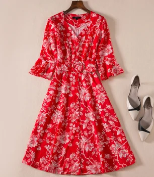 

New Arrival Hot Sale Women Print Dress Elegant V-Neck Flare Sleeve Pleated Dresses With Belt