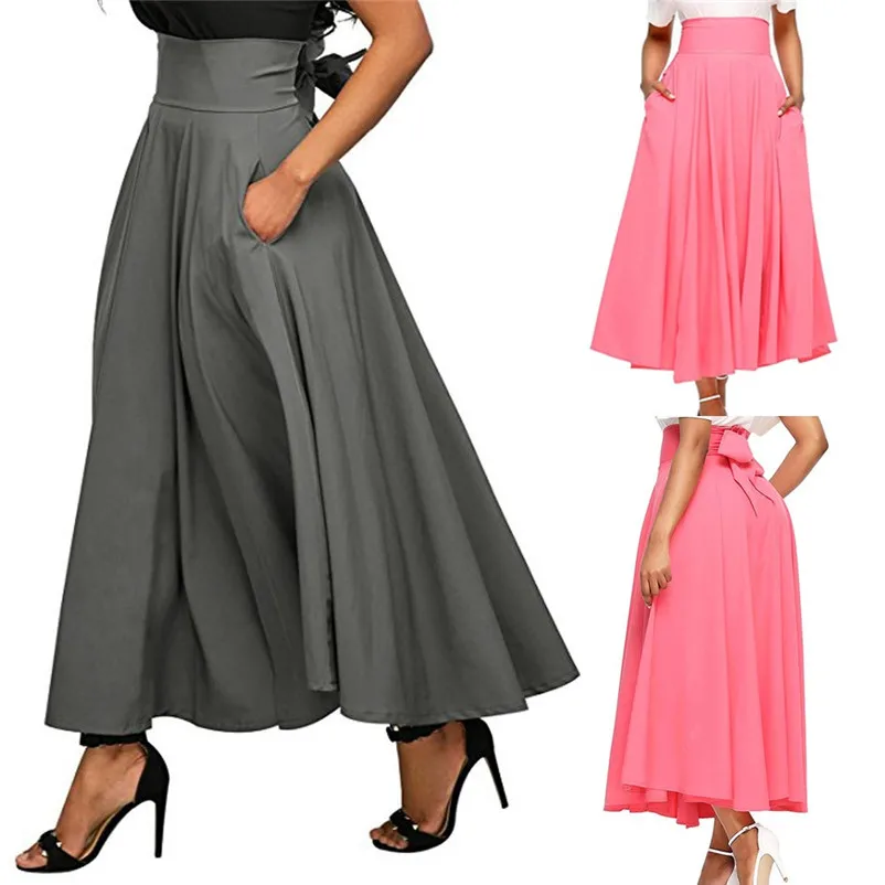 HOT sell Fashion 2018 Summer style skirts womens High Waist Pleated Long Skirt Front Slit Belted Maxi Skirt Femme Saia A16#N (12)
