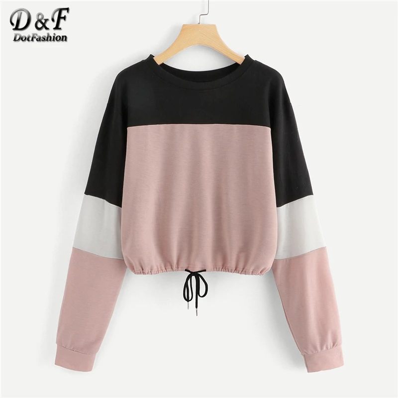 

Dotfashion Drawstring Color Block Sweatshirt Women Casual 2019 Autumn Long Sleeve Round Neck Ladies Spring Multicolor Pullovers