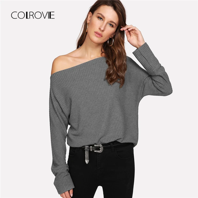 

COLROVIE Grey Off the Shoulder Knitted Sweater Ladies Autumn 2018 Black Girl Pullover Winter Jumper Sweaters Women Clothes