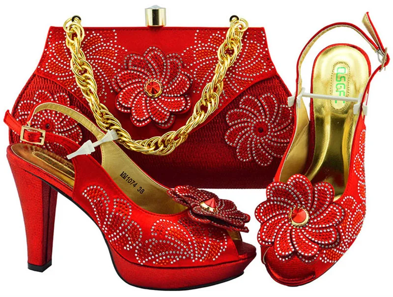 Big flowers red shoe and bag high heel 4.5 inches size38-43 italian new design african party shoes and bag clutches SB8258-2