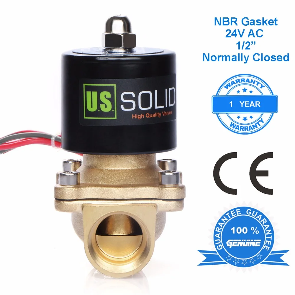 

U.S. Solid 1/2" Brass Electric Solenoid Valve 24 V AC Normally Closed for water, air, diesel, CE Certified