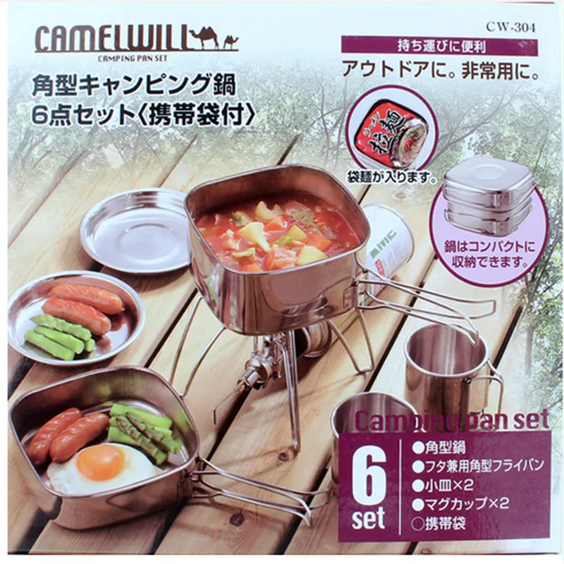 Beste 6 stks Camping Servies Wandelen Picknick Roestvrij Staal Draagbare Pot Pan Plaat 2 3 Persoon Toeristische Vouwen Servies