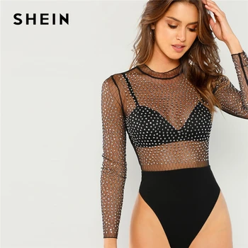 

SHEIN Black Sexy Party Frill Neck Semi Sheer Mid Waist Solid Bodysuit Without Bra 2018 Autumn Club Fashion Women Bodysuits